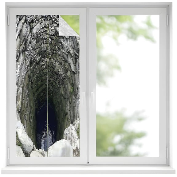 Window Privacy Film Deep Well Stained Glass Window Film Decorative Sun Block Window Cover Cave Opening Rustic Mystical Natural Window Clings Static Adhesive Sticker for Bathroom 19.6"x39.3"