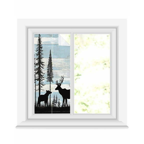 Window Privacy Film Deer Bear Stained Glass Window Film Decorative Sun Block Window Cover Retro Farmhouse Trees Forest Wooden Grain Window Clings Static Adhesive Sticker for Bathroom 19.6"x39.3"