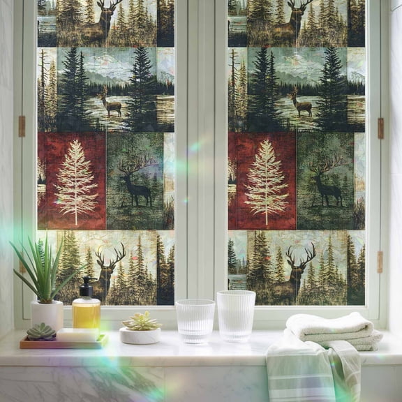 Window Privacy Film,Deer Forest Tree Shadows Static Clings Decorative Rainbow Window Films Stickers Collage Style Sun Blocking Glass Cover for Home Bathroom Office,17.7"x39.3"