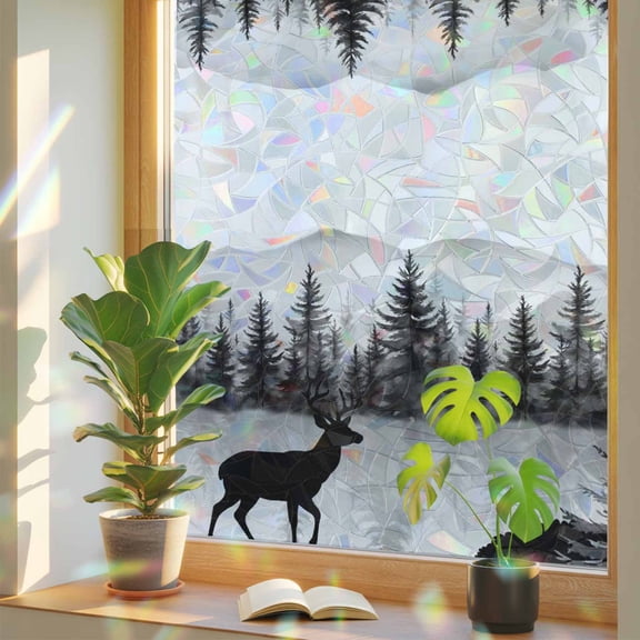 Window Privacy Film Deer Stained Glass Window Film Animal Mount Forest Silhouette Rainbow Static Window Clings for Glass Windows Home Bathroom Living Room Office Glass Door Sticker 17.7"39.3"