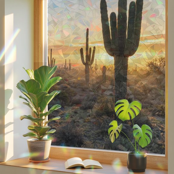 Window Privacy Film Desert Cactus Sunset Stained Glass Static Cling 18x39inch, Tropical Plant Natural Scenery Rainbow Window Film Glass Sticker for Bathroom Bedroom Home