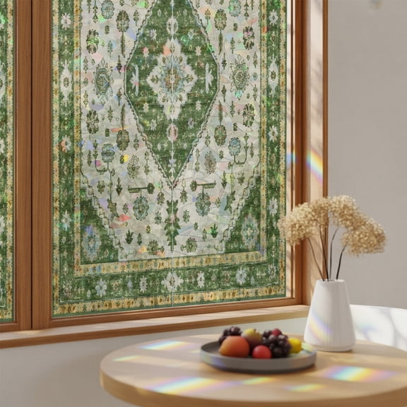 Window Privacy Film, Diamond Medallion Stained Glass Rainbow Film Vintage Tiny Flower Forest Green Borders Decorative Window Clings, Static Cling Sun Blocking Stickers For Bathroom 17.7"x39.3"