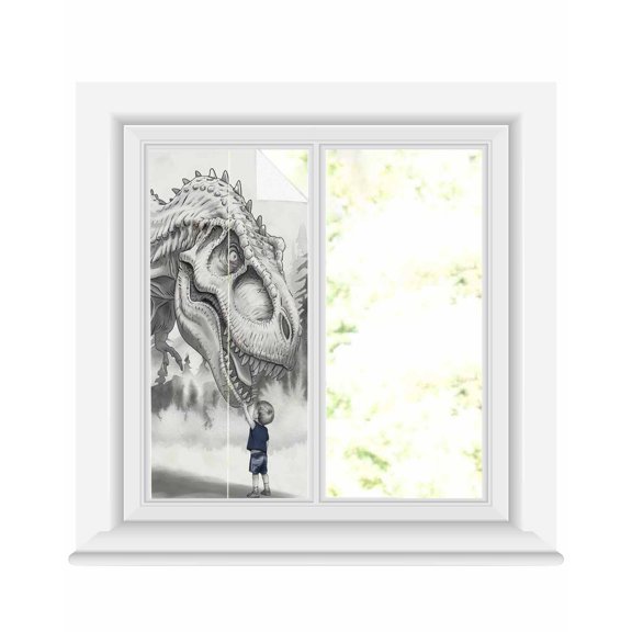 Window Privacy Film Dinosaurs Boy Stained Glass Window Film Decorative Sun Block Window Cover Gray Funny Cartoon Forest Animals Window Clings Static Adhesive Sticker for Bathroom 19.6"x39.3"