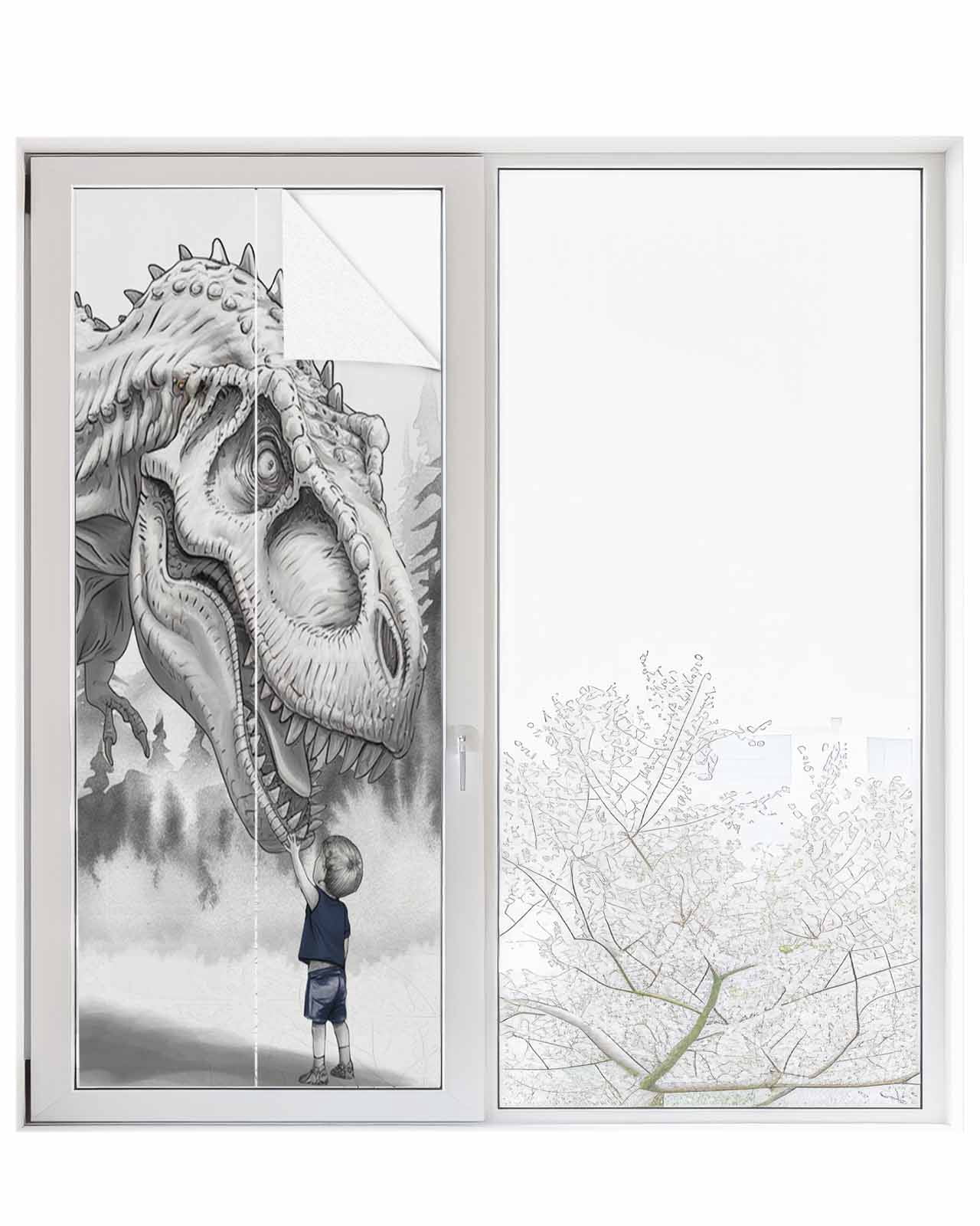 Window Privacy Film Dinosaurs Boy Stained Glass Window Film Decorative Sun Block Window Cover Gray Funny Cartoon Forest Animals Window Clings Static Adhesive Sticker for Bathroom 23.6"x59"