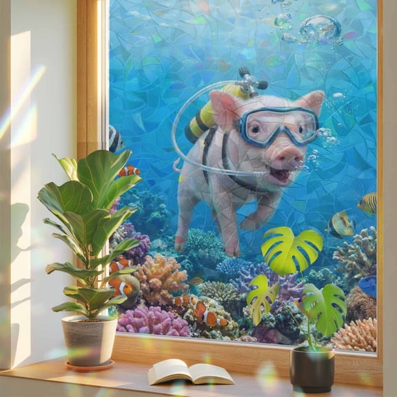 Window Privacy Film Diving Pig Stained Glass Window Film Funny Animal Fish Coral Ocean Seafloor Static Window Clings for Glass Windows Home Bathroom Living Room Office Door Sticker 17.7"39.3"