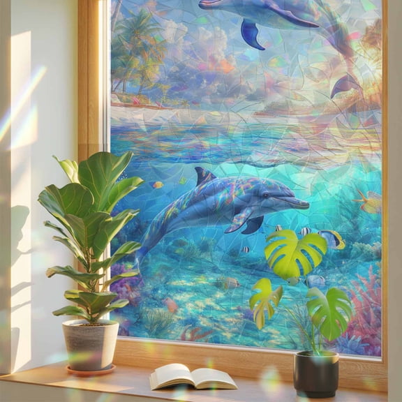Window Privacy Film Dolphin Stained Glass Window Film Ocean Animal Tropical Coconut Rainbow Static Window Clings for Glass Windows Home Bathroom Living Room Office Glass Door Sticker 17.7"39.3"