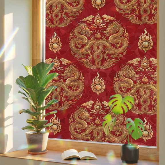 Window Privacy Film Dragon Chinese New Year Stained Glass Static Cling 18x39inch, Vintage Red Backdrop Rainbow Window Film Glass Sticker for Bathroom Bedroom Home