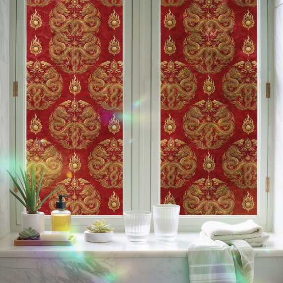 Window Privacy Film,Dragon Chinese New Year Static Clings Decorative Rainbow Window Films Stickers Vintage Red Backdrop Sun Blocking Glass Cover for Home Bathroom Office,17.7"x39.3"