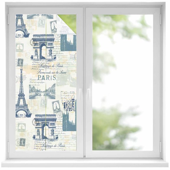 Window Privacy Film Eiffel Tower Stained Glass Window Film Decorative Sun Block Window Cover European Architectural Retro Hand-Painted Window Clings Static Adhesive Sticker for Bathroom 19.6"x39.3"