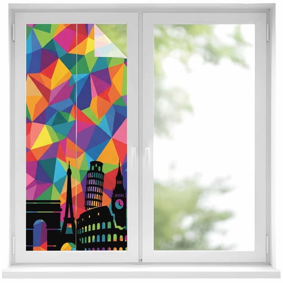 Window Privacy Film Eiffel Tower Stained Glass Window Film Decorative Sun Block Window Cover Modern Colorful European Architectural Art Window Clings Static Adhesive Sticker for Bathroom 17.7"x39.3"