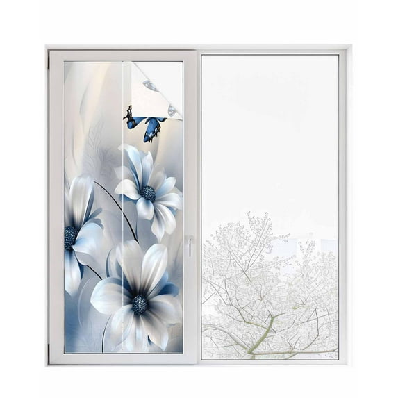 Window Privacy Film Elegant Floral Stained Glass Window Film Decorative Sun Block Window Cover Modern Rustic Blue Butterfly Flowers Window Clings Static Adhesive Sticker for Bathroom 23.6"x59"