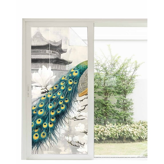 Window Privacy Film Elegant Peacock Stained Glass Window Film Decorative Sun Block Window Cover Watercolor Feather Attic Retro Window Clings Static Adhesive Sticker for Bathroom 35.4"x78.7"