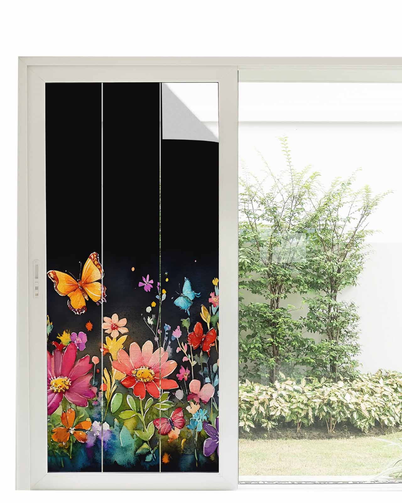 Window Privacy Film Elegant Spring Floral Stained Glass Window Film Decorative Sun Block Window Cover Pastoral Flowers Window Clings Static Adhesive Sticker for Bathroom 35.4"x78.7"