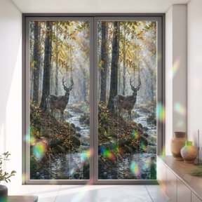 Window Privacy Film,Elk Forest Stream Autumn Scenery Static Clings Decorative Rainbow Window Films Stickers Nature Scenery Sun Blocking Glass Cover for Home Bathroom Office,35.4"x78.7"