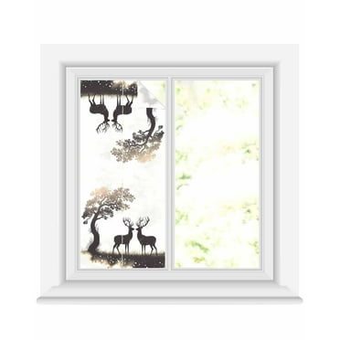 Window Privacy Film Elk Stained Glass Window Film Decorative Sun Block Window Cover Nature Forest Antlers Tree Branch Silhouette Window Clings Static Adhesive Sticker for Bathroom 17.7"x39.3"
