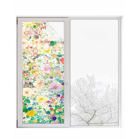Window Privacy Film Emerging Blossoms Pattern Stained Glass Window Film Decorative Sun Block Window Cover Colorful Watercolor Floral Window Clings Static Adhesive Sticker for Bathroom 23.6"x59"