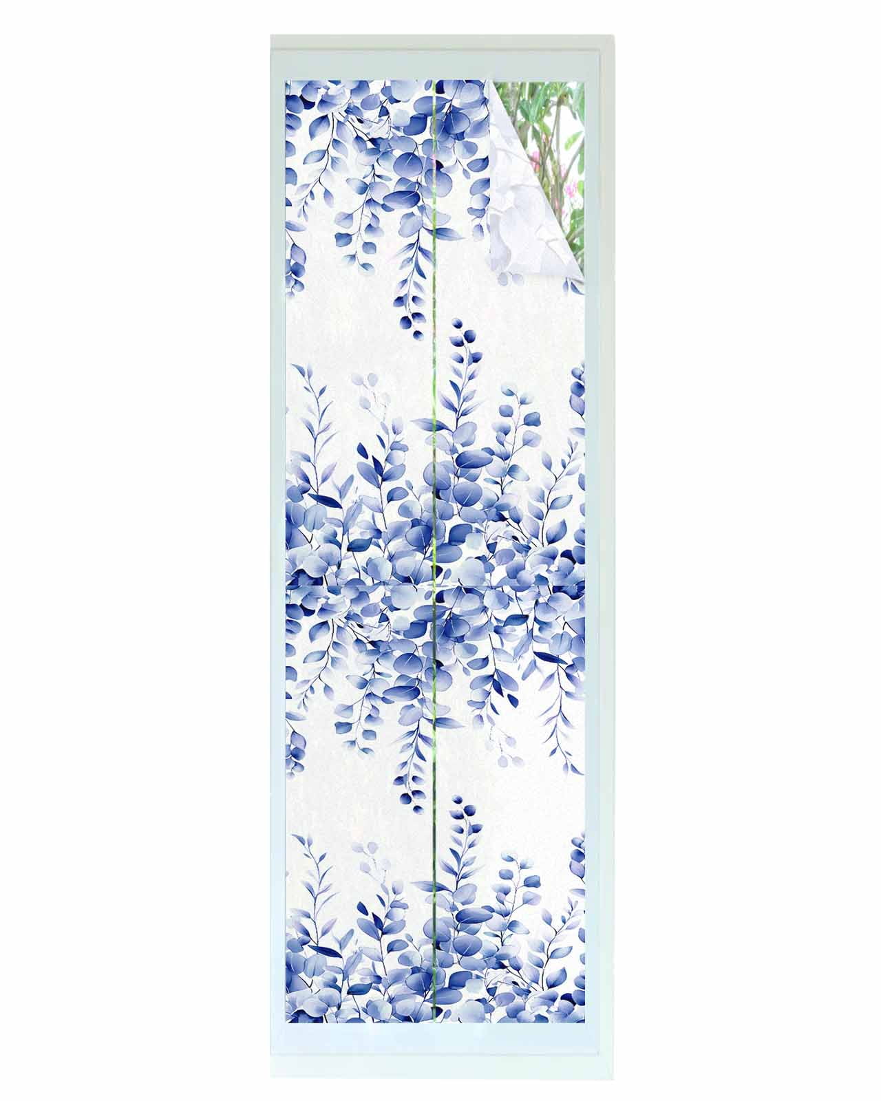 Window Privacy Film Eucalyptus Leaves Blue Stained Glass Window Film Decorative Sun Block Window Cover Watercolor Spring Botanical Window Clings Static Adhesive Sticker for Bathroom 17.7"x78.7"