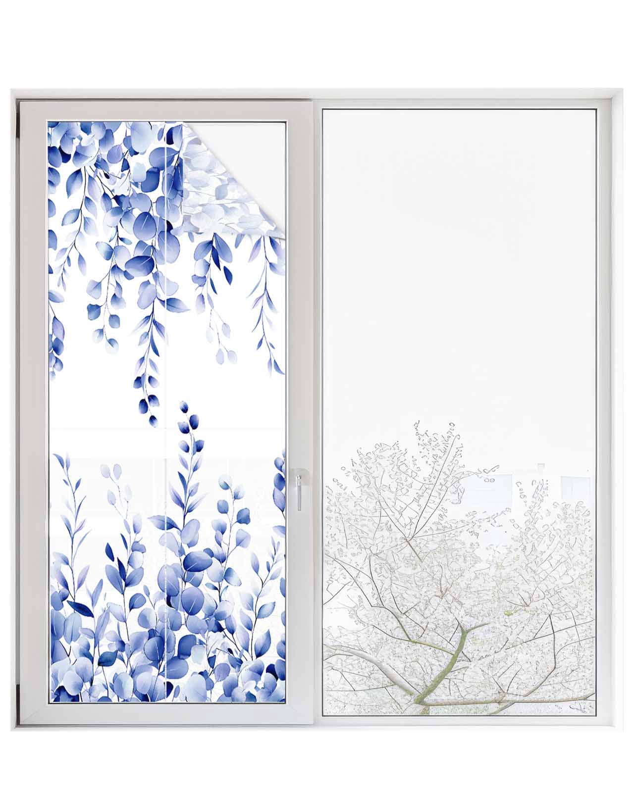 Window Privacy Film Eucalyptus Leaves Blue Stained Glass Window Film Decorative Sun Block Window Cover Watercolor Spring Botanical Window Clings Static Adhesive Sticker for Bathroom 23.6"x59"