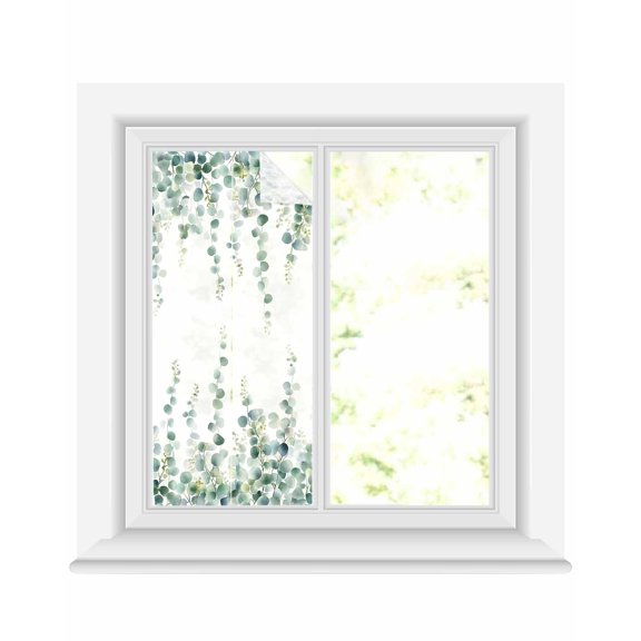 Window Privacy Film Eucalyptus Leaves Stained Glass Window Film Decorative Sun Block Window Cover Pastoral Rustic Botanical Watercolor Window Clings Static Adhesive Sticker for Bathroom 17.7"x39.3"