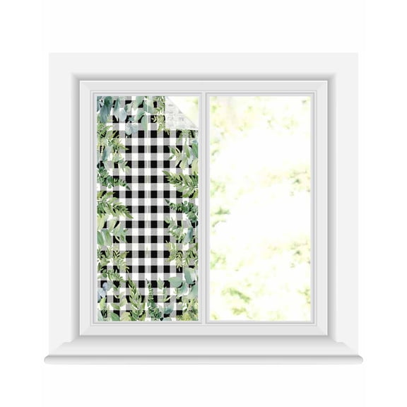 Window Privacy Film Eucalyptus Leaves Stained Glass Window Film Decorative Sun Block Window Cover Summer Botanical Black Checked Window Clings Static Adhesive Sticker for Bathroom 17.7"x39.3"
