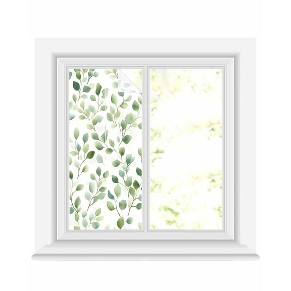 Window Privacy Film Eucalyptus Leaves Stained Glass Window Film Decorative Sun Block Window Cover Watercolor Minimalist Sprigs Window Clings Static Adhesive Sticker for Bathroom 17.7"x39.3"