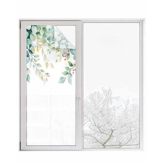 Window Privacy Film Eucalyptus Stained Glass Window Film Decorative Sun Block Window Cover Leaf Branch Nature Fruit Spring Summer Window Clings Static Adhesive Sticker for Bathroom 29.5"x78.7"