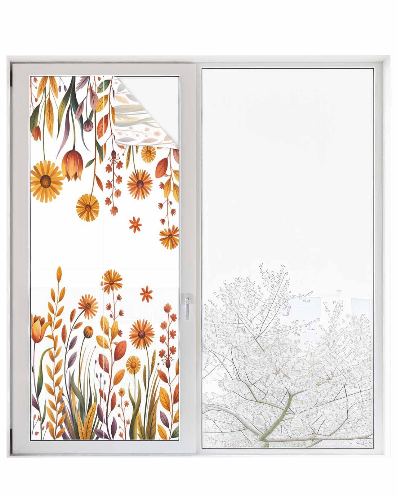 Window Privacy Film Fall Flowers Stained Glass Window Film Decorative Sun Block Window Cover Farmhouse Watercolor Orange Floral Herbs Window Clings Static Adhesive Sticker for Bathroom 29.5"x78.7"