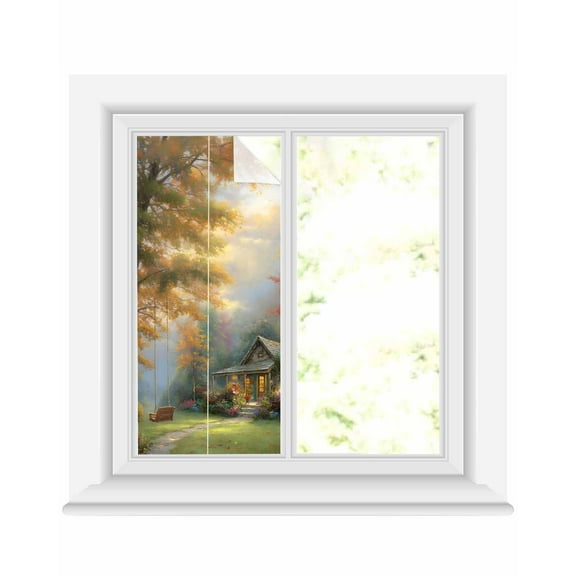 Window Privacy Film Fall Forest Stained Glass Window Film Decorative Sun Block Window Cover Country Pastoral Trees Cabin Nature Scenery Window Clings Static Adhesive Sticker for Bathroom 17.7"x39.3"