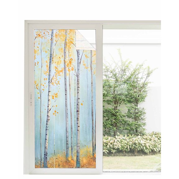 Window Privacy Film Fall Forest Tree Stained Glass Window Film Decorative Sun Block Window Cover Retro Trunk Leaves Orange Blue Window Clings Static Adhesive Sticker for Bathroom 35.4"x78.7"