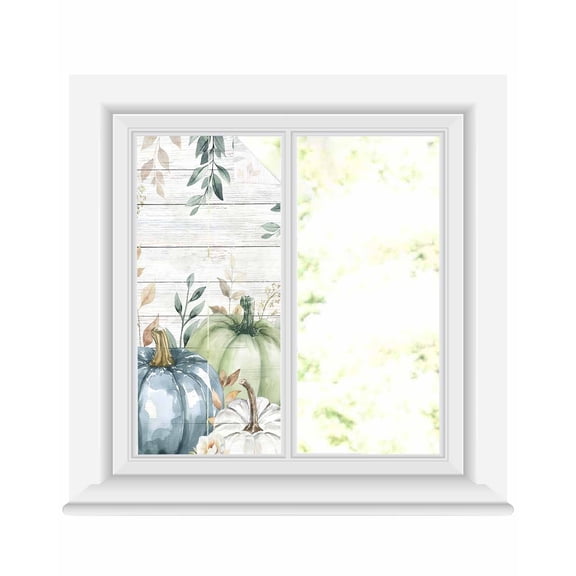 Window Privacy Film, Fall Sage Green Blue Sun Blocking Window Tint Film Heat Control One Way Blackout Window Film, Thanksgiving Pumpkins Eucalyptus Rustic Wood Non Adhesive Static Cling 17.7x39.3 In