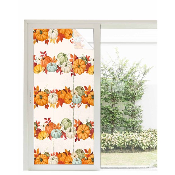 Window Privacy Film Fall Stained Glass Window Film Decorative Sun Block Window Cover Orange Blue Pumpkins Thanksgiving Autumn Maple Leaf Window Clings Static Adhesive Sticker for Bathroom 35.4"x78.7"