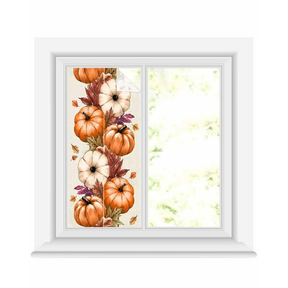 Window Privacy Film Fall Stained Glass Window Film Decorative Sun Block Window Cover Orange Pumpkins Thanksgiving Watercolor Maple Leaf Window Clings Static Adhesive Sticker for Bathroom 17.7"x39.3"