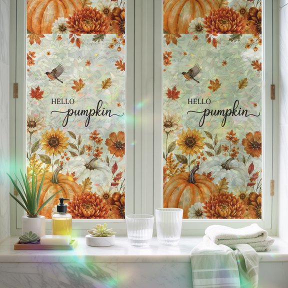 Window Privacy Film,Fall Thanksgiving Hello Pumpkin Static Clings Decorative Rainbow Window Films Stickers Rustic Floral Plant Bird Sun Blocking Glass Cover for Home Bathroom Office,17.7"x39.3"
