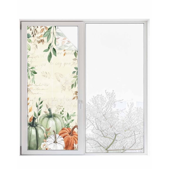Window Privacy Film, Fall Thanksgiving Sun Blocking Window Tint Film Heat Control One Way Blackout Window Film, Orange White Sage Pumpkins Eucalyptus Retro Newspaper Non Adhesive Static Cling 23.6x59