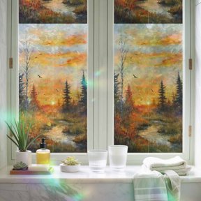 Window Privacy Film,Fall Watercolor Forest Tree Static Clings Decorative Rainbow Window Films Stickers County River Ombre Sunset Sun Blocking Glass Cover for Home Bathroom Office,29.5"x78.7"