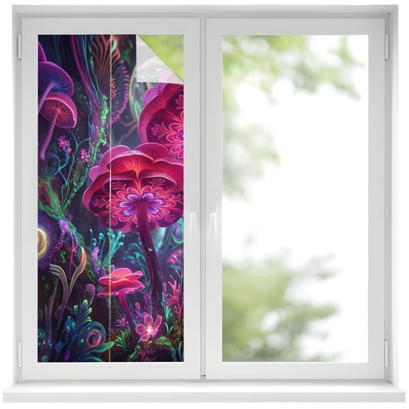 Window Privacy Film Fancy Mushrooms Stained Glass Window Film Decorative Sun Block Window Cover Abstract Art Boho Purple Botanical Window Clings Static Adhesive Sticker for Bathroom 19.6"x39.3"