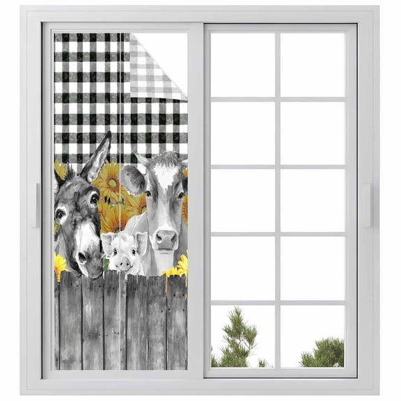 Window Privacy Film Farm Animals Sunflowers Stained Glass Window Film Decorative Sun Block Window Cover Black White Checkered Plaid Window Clings Static Adhesive Sticker for Bathroom 23.6"x59"