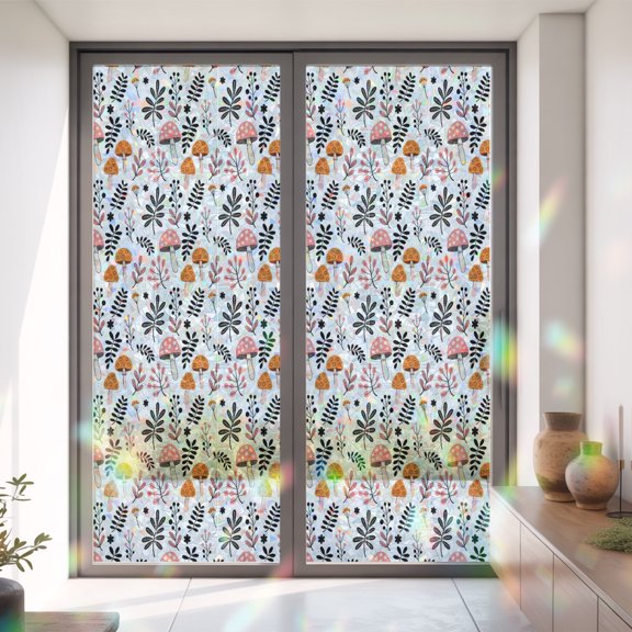 Window Privacy Film Farm Mushroom Leaf Cartoon Style Stained Glass Static Cling 35x79inch, Autumn Leaves Seamless Rainbow Window Film Glass Sticker for Bathroom Bedroom Home