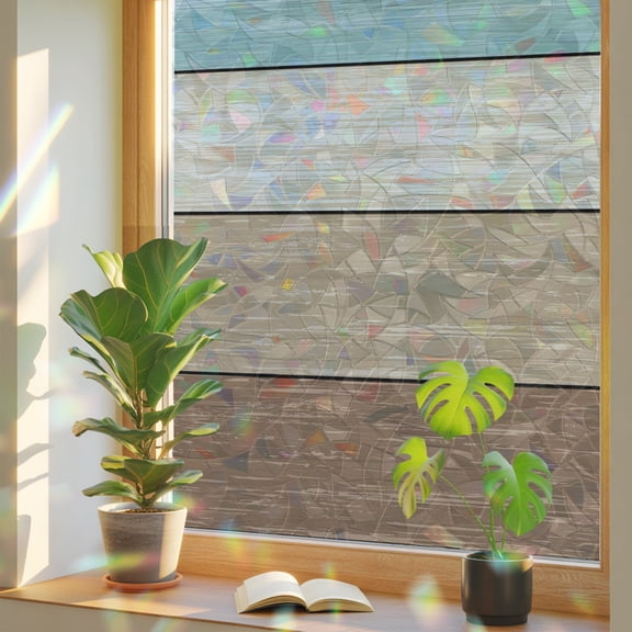 Window Privacy Film Farm Retro Wood Board Gradient Stained Glass Static Cling 18x39inch, Farmhouse Barn Brown Teal Plank Rainbow Window Film Glass Sticker for Bathroom Bedroom Home