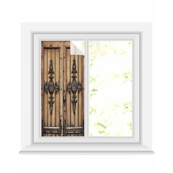 Window Privacy Film Farmhouse Brown Stained Glass Window Film Decorative Sun Block Window Cover Rustic Wooden Historical Barn Door Plank Window Clings Static Adhesive Sticker for Bathroom 19.6"x39.3"
