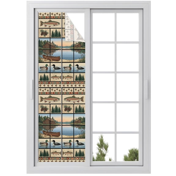 Window Privacy Film Farmhouse Cabin Stained Glass Window Film Decorative Sun Block Window Cover Country Barn Duck Fish Nature Scenery Window Clings Static Adhesive Sticker for Bathroom 17.7"x78.7"