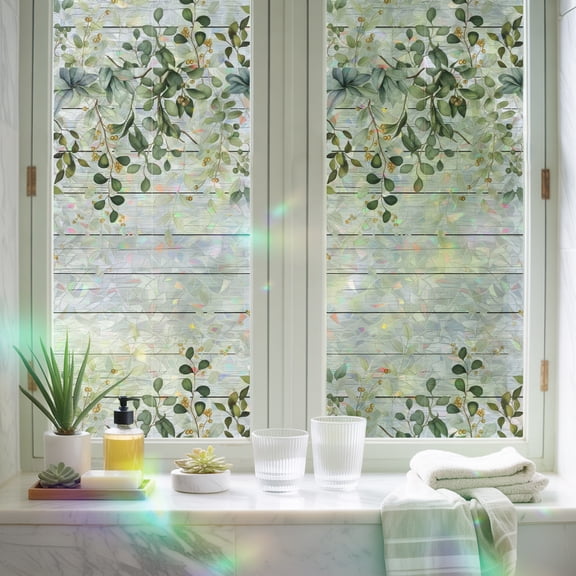 Window Privacy Film,Farmhouse Eucalyptus Retro Plank Static Clings Decorative Rainbow Window Films Stickers Gradient Sage Green Leaf Sun Blocking Glass Cover for Home Bathroom Office,17.7"x39.3"