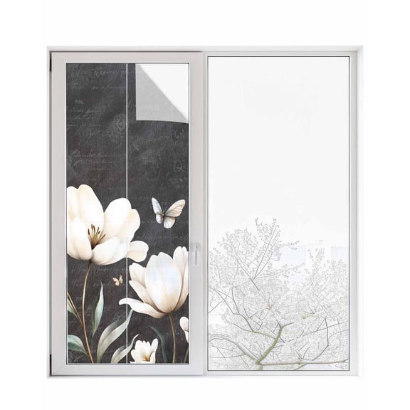 Window Privacy Film Farmhouse Floral Stained Glass Window Film Decorative Sun Block Window Cover Magnolia Flowers Vintage Blackboard Window Clings Static Adhesive Sticker for Bathroom 23.6"x59"