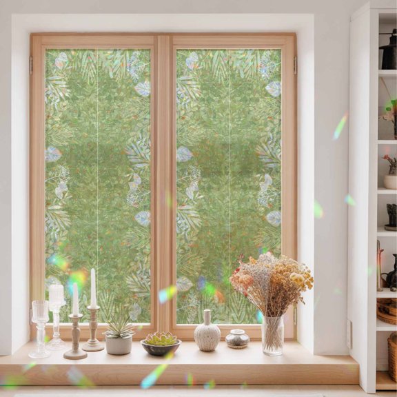 Window Privacy Film,Farmhouse Leaves Abstract Herb Static Clings Decorative Rainbow Window Films Stickers Watercolor Green Botanical Sun Blocking Glass Cover for Home Bathroom Office,23.6"x59"