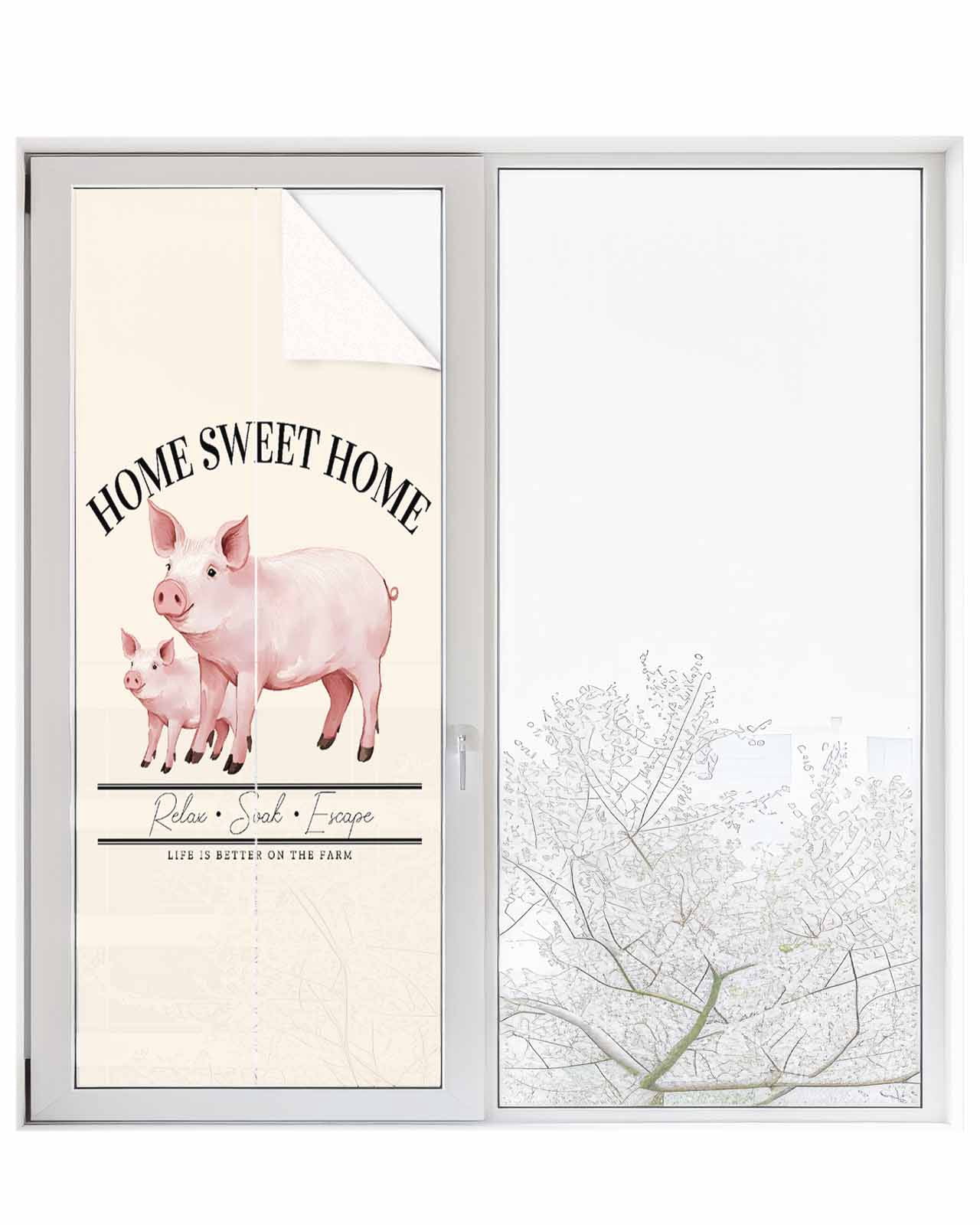 Window Privacy Film Farmhouse Pig Stained Glass Window Film Decorative Sun Block Window Cover Watercolor Cute Animals Retro Art Window Clings Static Adhesive Sticker for Bathroom 23.6"x59"
