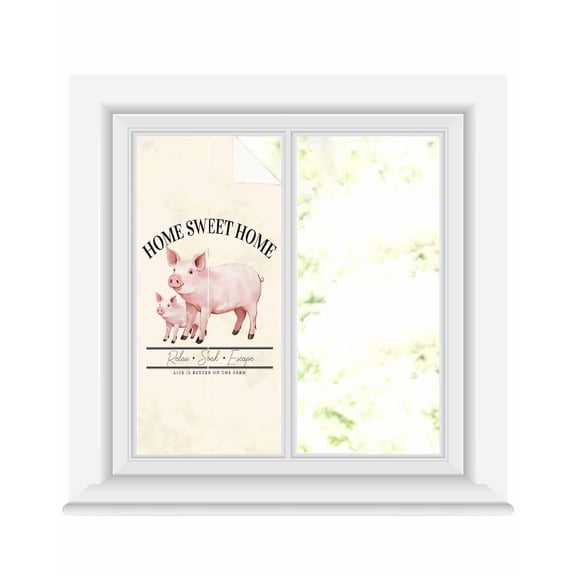 Window Privacy Film Farmhouse Pig Stained Glass Window Film Decorative Sun Block Window Cover Watercolor Cute Animals Retro Art Window Clings Static Adhesive Sticker for Bathroom 17.7"x39.3"