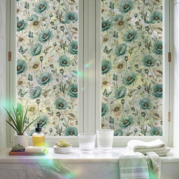 Window Privacy Film,Farmhouse Poppy Blossom Herb Static Clings Decorative Rainbow Window Films Stickers Flower Buds on Beige Sun Blocking Glass Cover for Home Bathroom Office,17.7"x39.3"