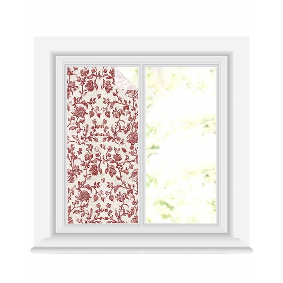 Window Privacy Film Farmhouse Red Stained Glass Window Film Decorative Sun Block Window Cover Vintage Flower Leaf Botanical Plant Window Clings Static Adhesive Sticker for Bathroom 19.6"x39.3"