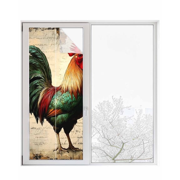 Window Privacy Film Farmhouse Rooster Stained Glass Window Film Decorative Sun Block Window Cover Vintage Watercolor Country Animals Window Clings Static Adhesive Sticker for Bathroom 23.6"x59"