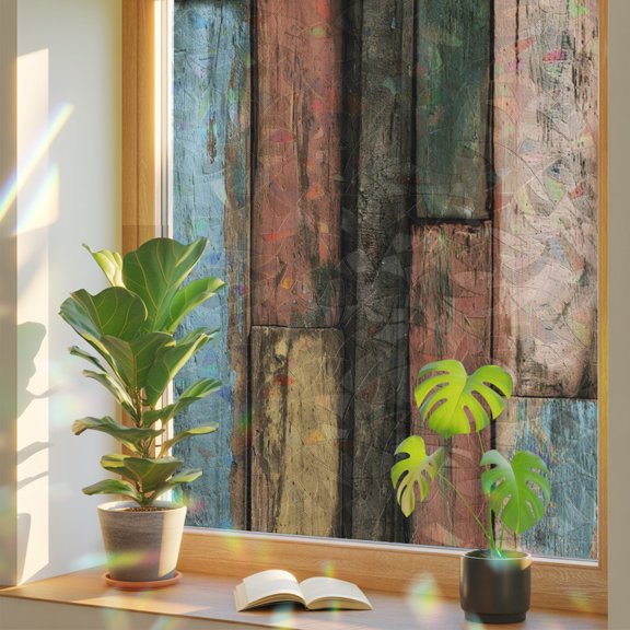 Window Privacy Film Farmhouse Rustic Wooden Plank Barn Stained Glass Static Cling 18x39inch, Vintage Splicing Wood Board Rainbow Window Film Glass Sticker for Bathroom Bedroom Home